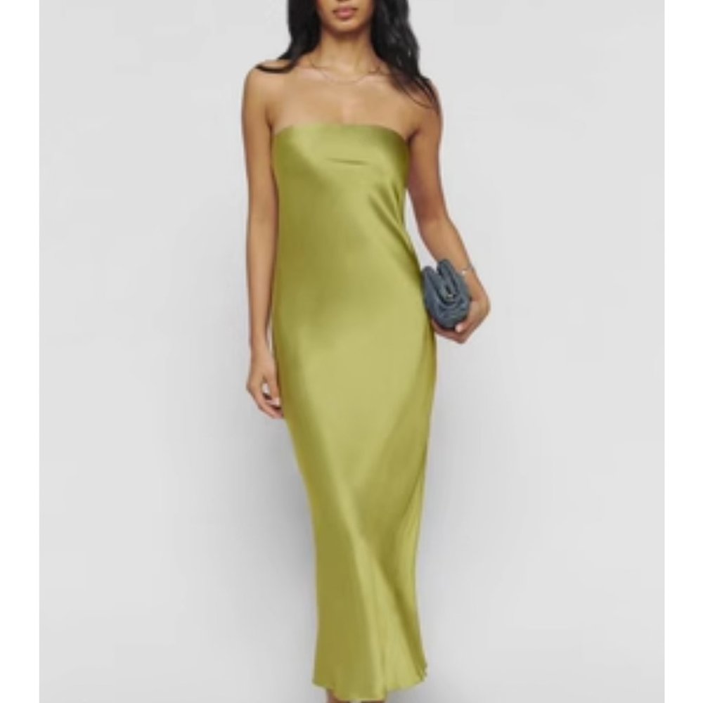 Reformation Chartreuse Silk Strapless Midi Dress